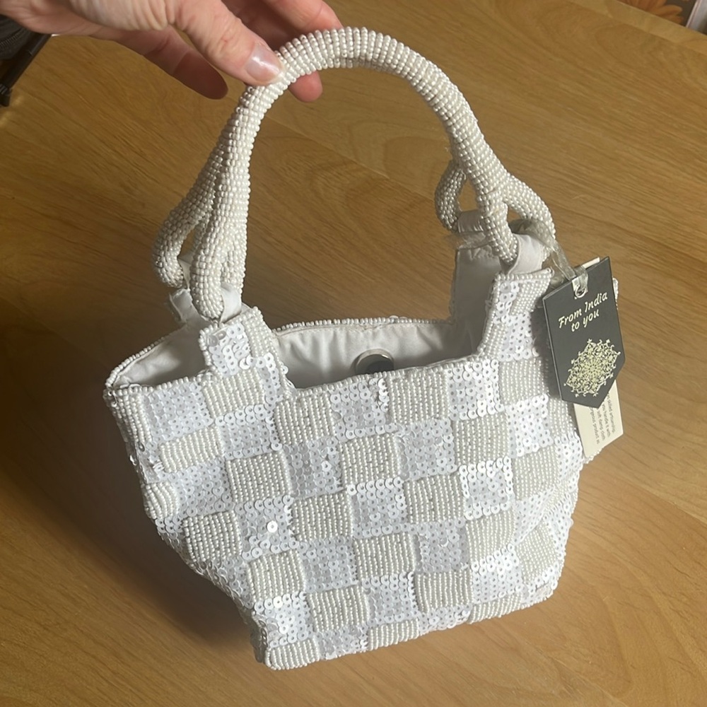 Elegant White checkered beaded handbag NWT